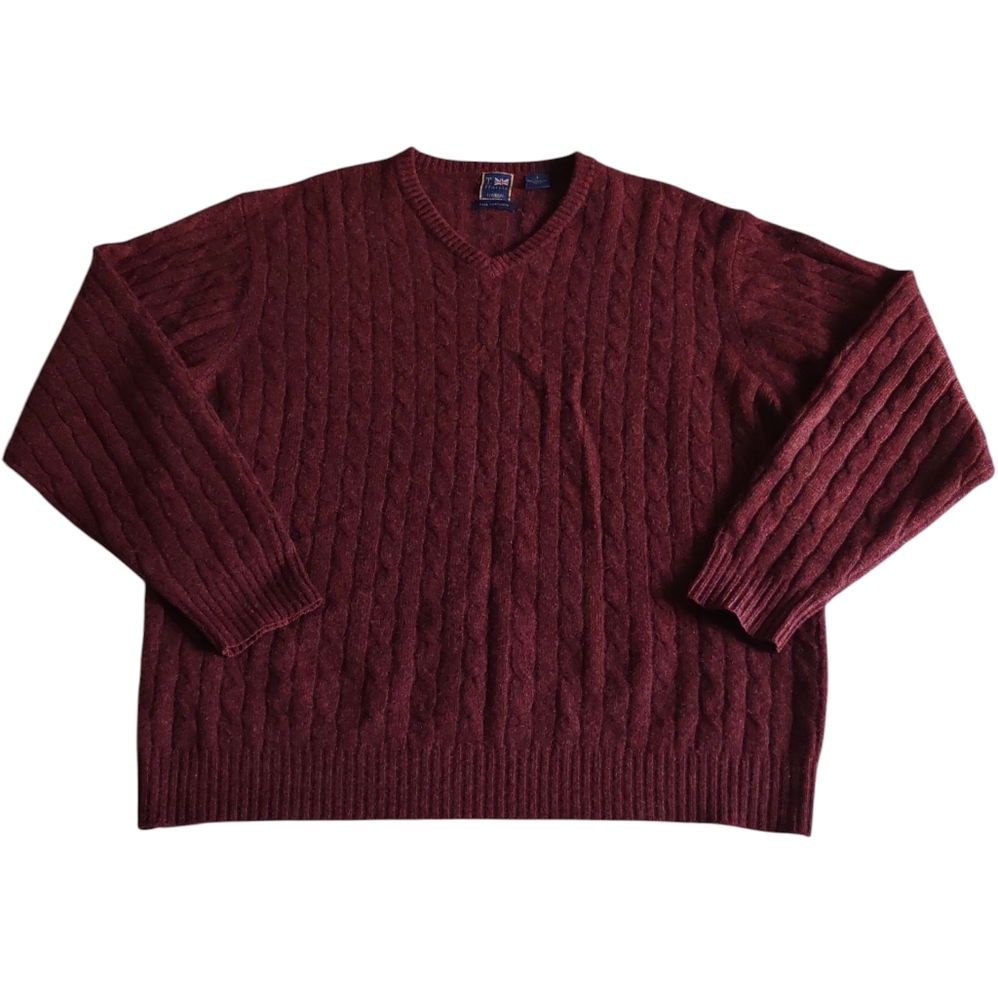 T. Harris London Large Red Pure Cashmere Cableknit V-Neck Sweater